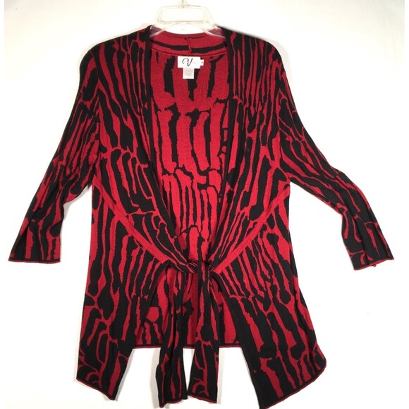 Variations Womens Size Medium Open Front Red Black Light Knit Cardigan Sweater - Picture 11 of 14